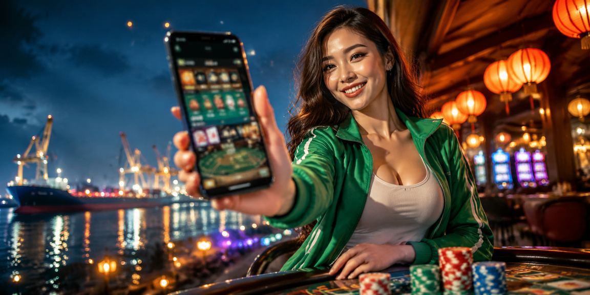 Người chơi sử dụng điện thoại tham gia casino trực tuyến tại Hội An với đèn lồng đầy màu sắc
